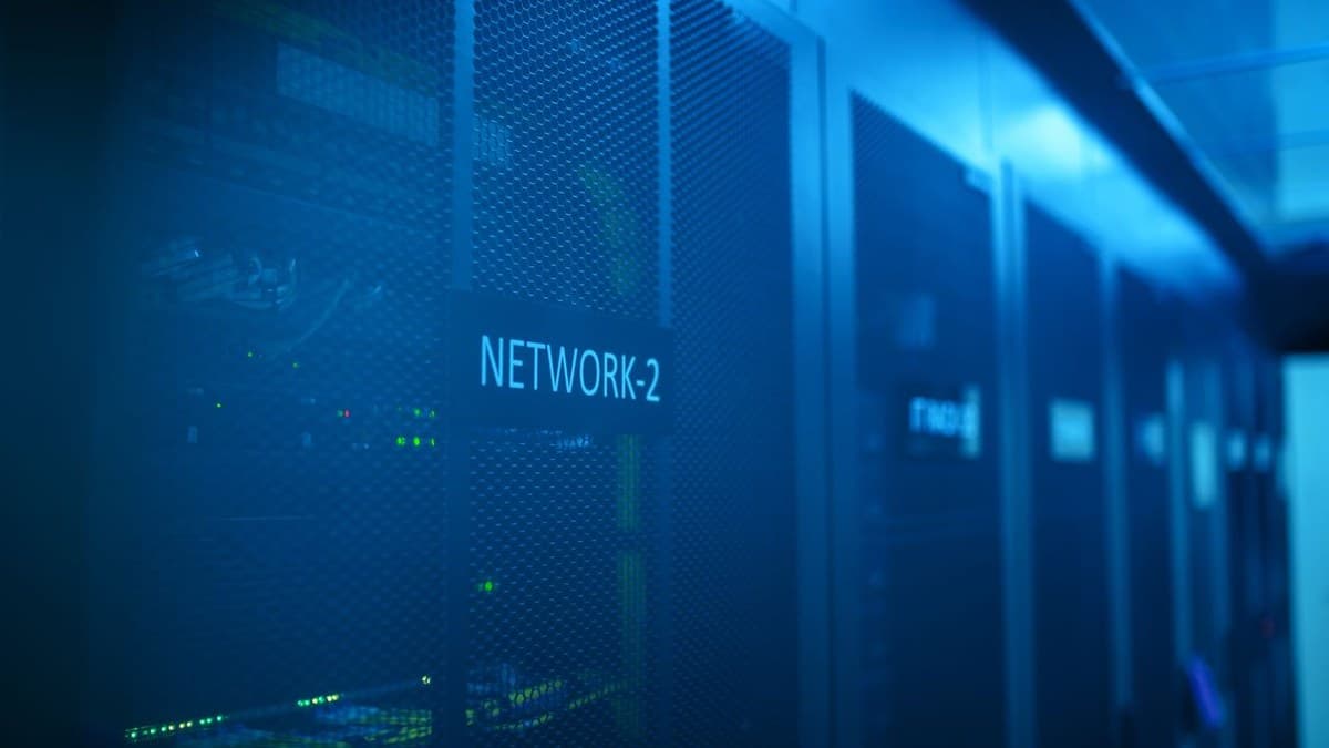 A server room with illuminated network racks